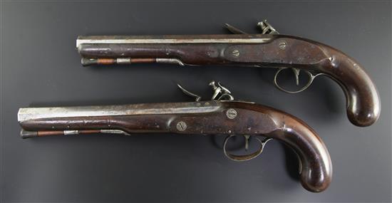 A pair of late 18th century flintlock holster pistols, 15in.